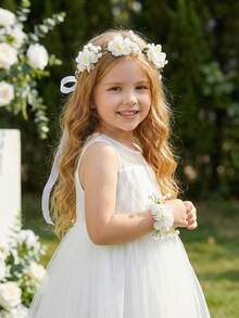 2件套米色网纱玫瑰花冠+花朵手链套装，适合女孩和女士，可用于婚礼、新娘、派对、拍照道具、周年纪念、情人节礼物、亲子装。 - 米色 - 查看 8