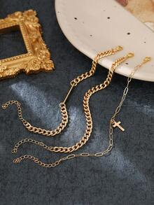 3pcs Layered Chain Bracelet, Classic Safety Pin, Paperclip Layered Mixed Design, Creative Cross Charm Men Jewelry - Yellow Gold - View 3