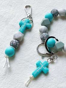 New Cross Silicone Bead Keychain Cross Charm Bracelet Style Keyring For Women Men Teens Daily Use Gift Limit One Per Order - Mint Blue - View 6