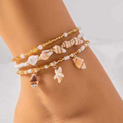 3pcs/Set Bohemian Style Beaded Anklet Set, Starfish & Shell Pendant Anklets, Summer Beach Holiday Party Accessory