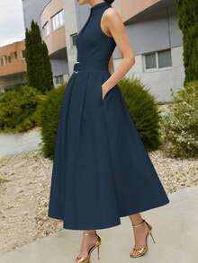 Vestido elegante de mujer con cintura anudada y línea A, nuevos estilos de primavera/verano y verano/otoño, sin mangas y escote en V, vestido para oficina/uso diario en color negro - Azul marino - Ver 4