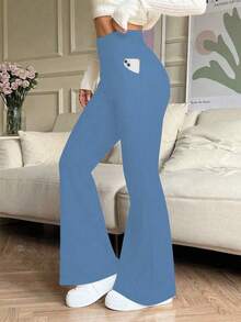 Quần ống loe cạp cao màu trơn dành cho nữ, có túi bên hông, phù hợp cho mặc thường ngày, thể thao, yoga, quần legging bó sát, chạy bộ, tập thể dục mùa xuân. - Xanh da trời - Xem 2