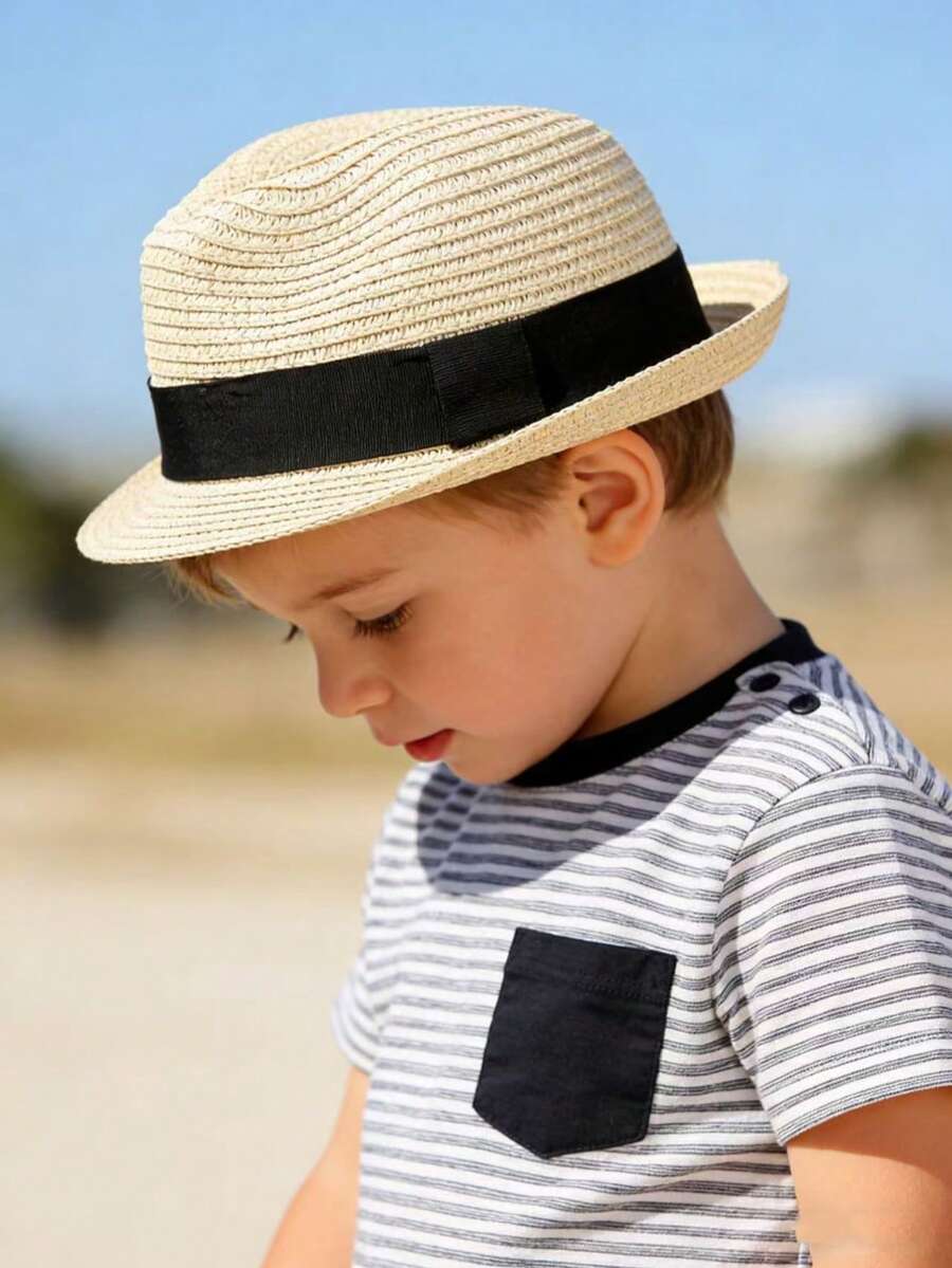 1 Mũ chống nắng bằng rơm trơn cho trẻ em và trẻ nhỏ Unisex, Mũ thường ngày hàng ngày cho mùa Xuân Hạ Thu - Màu be - Xem 1