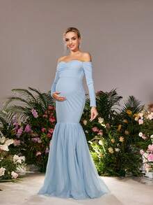 Faeriesty Đầm maxi dài tay trễ vai màu xanh nhạt thanh lịch dành cho bà bầu, chi tiết nhún bèo ở ngực tạo điểm nhấn nữ tính (tạo hiệu ứng xếp lớp), thích hợp cho đám cưới mùa xuân, lễ kỷ niệm Ngày của Mẹ. - Màu xanh nhạt - Xem 1