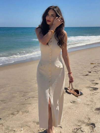 Vestido de punto sin mangas de cuello redondo color albaricoque, nuevo vestido de punto minimalista de unicolor elegante para primavera/verano de las mujeres, que estiliza la cintura, versátil y cómodo vestido largo para la playa y vacaciones