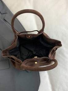 Dedoo 1pc Faux Suede Tote Bag, Large Capacity Solid Color Mature Elegant Ladies Handbag, Retro Style Work Bag, Suitable For Girls, Women, College Students, Office Workers - 棕色 - 查看 5