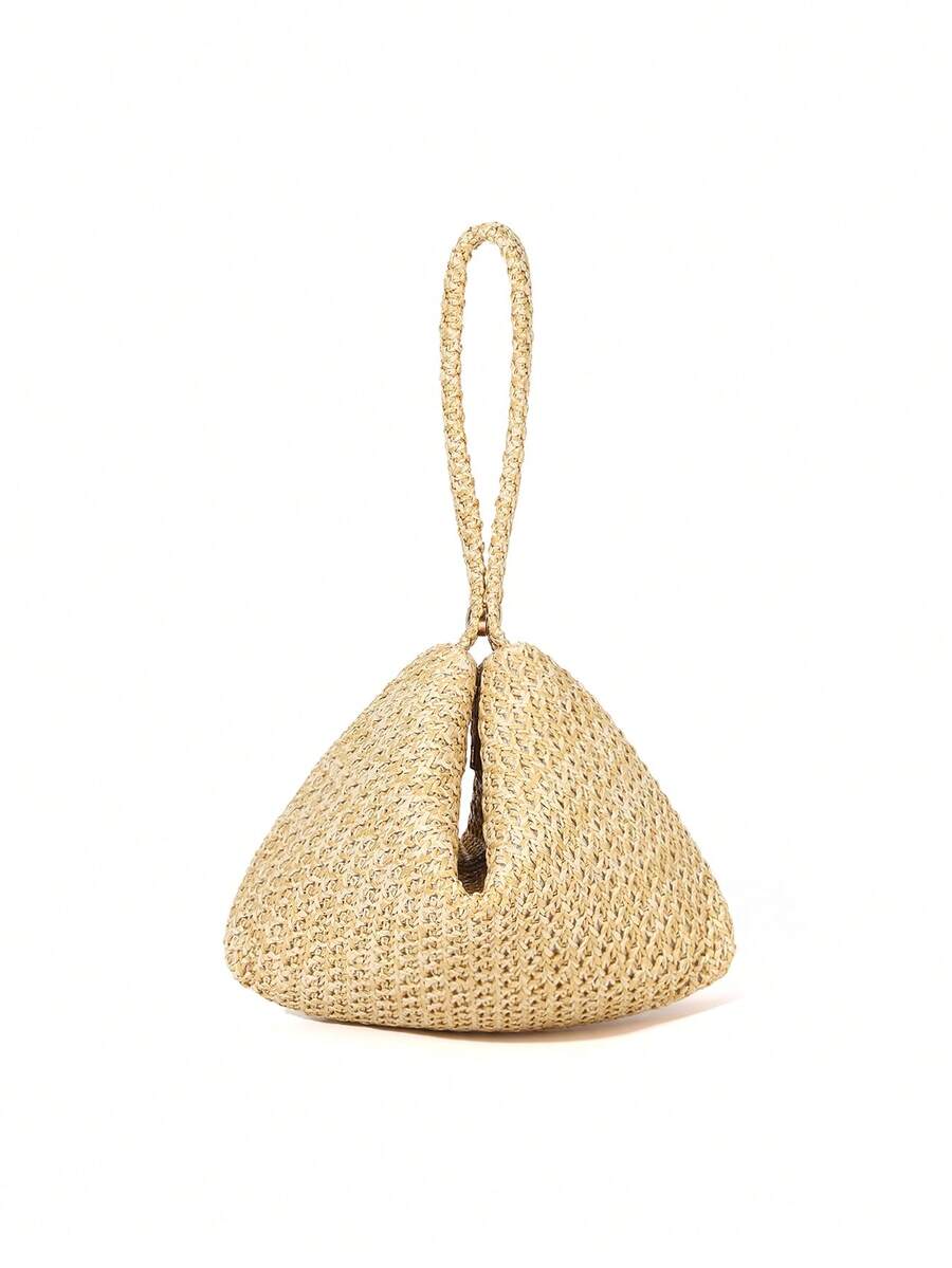 Elegant Minimalist Straw Magnetic Triangle Handbag, Suitable For Party, Wedding, Prom, Gathering, Beach, Spring/Summer - Beige - View 1