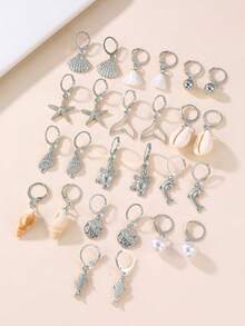 13件套时尚沙滩海洋系列海星贝壳海龟海豚鱼吊坠耳环套装，适合女性日常及节日佩戴 - 銀色 - 查看 6