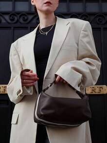 Women's Fashionable Bowling Bag, Adjustable Shoulder Strap, Canvas & PU Leather Small Square Shoulder Bag - Coffee - View 3