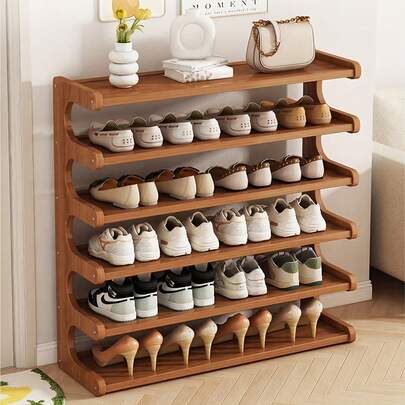 Senmeo 4/5/6-Tier Natural Wood Color Wooden Shoe Rack - Multi-Layer Freestanding Shoe Storage Organizer With Wood Grain Finish, Stackable Shoe Shelves For Entryway, Closet, Hallway, Mudroom, And Front Door, Space-Saving Narrow Shoe Organizer Fits 15-24 Pairs Of Shoes, Easy Assembly Home Storage Supplies For Renters​