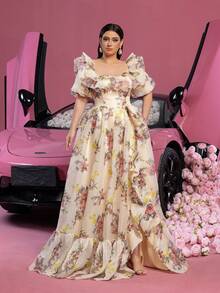 Faeriesty Đầm dạ hội cỡ lớn, tay phồng, xếp ly, chất liệu organza, họa tiết hoa, thích hợp cho tiệc cưới, tiệc mùa xuân. - Màu be - Xem 7