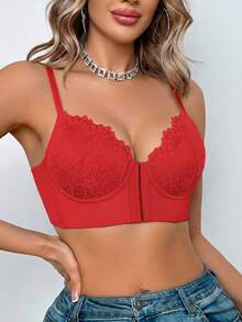 Women's Red Lace Front-Closure Underwire Push Up Bra - Side Coverage & Anti-Sag - Red - View 8