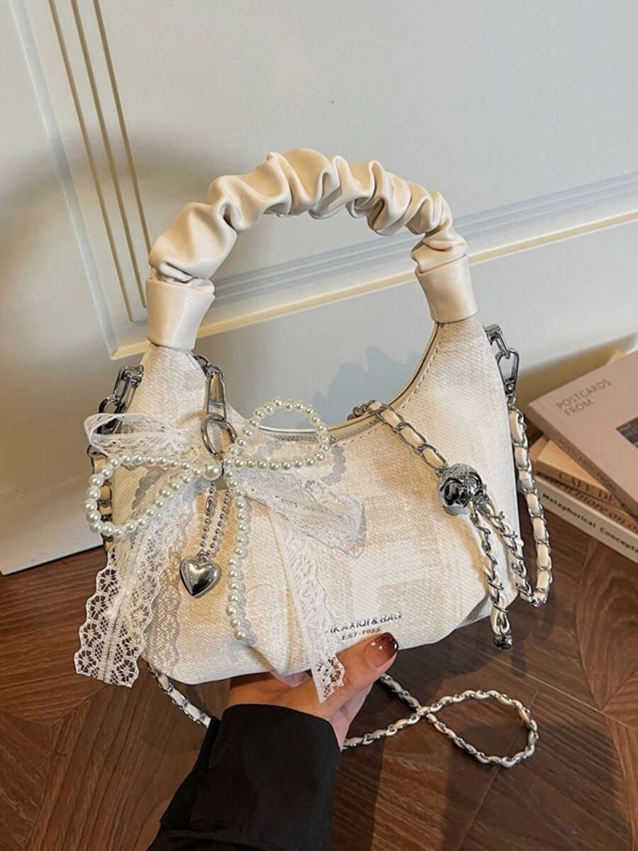 Women's Simple And Versatile High-Quality PU Pleated Handbag, Crescent-Shaped Mini Bag With Beaded Charm And Detachable Shoulder Strap, Perfect For Everyday Casual Wear. - White - View 1