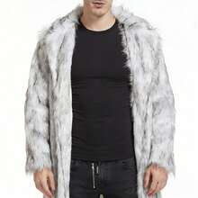 Men's Faux Fox Fur Coat Turn-Down Collar Long Winter Jacket - Grey - View 1