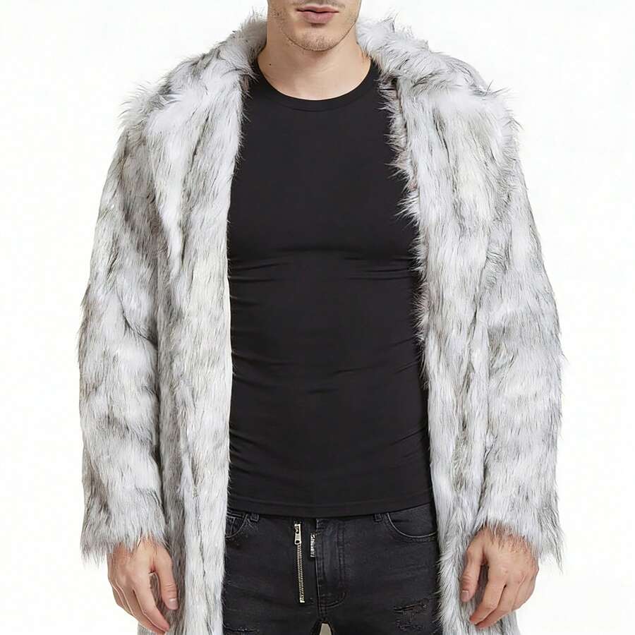 Men's Faux Fox Fur Coat Turn-Down Collar Long Winter Jacket - Grey - View 1