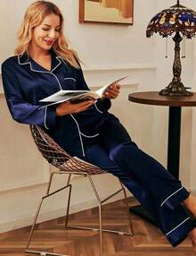 Valentine's Day Limited High-End Fashion Satin Silk Women's Pajama Set Long Sleeve Button-Down Sleepwear XS-3XL Comfortable Warm Loungewear - 藏蓝色 - 查看 10