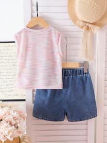 2pcs/Set Young Girls' Vacation Casual 3D Strawberry Embroidery Round Neck Top And Denim Shorts Set, Lightweight Summer - Watermelon Pink - View 2