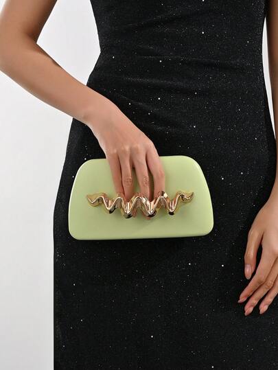 Pastel Green Wavy Metallic Clutch Bag Convertible Gold Chain Crossbody Shoulder Bag For Party Date,Lime Green Minimalist Evening Bag Y2K Style Wavy Metal Detail Purse For Women Summer, Light Green Clutch With Gold Accents Versatile Shoulder Bag For Daily & Party Use 