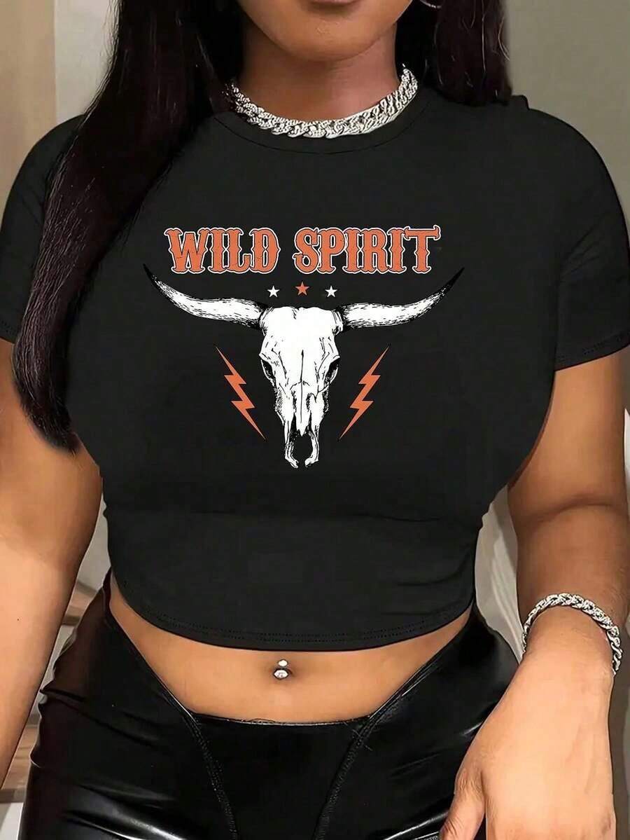 Graphic Printed Cropped T-Shirt, Y2K Spring And Summer Short-Sleeved Crop Top, Women'S - Black - View 1