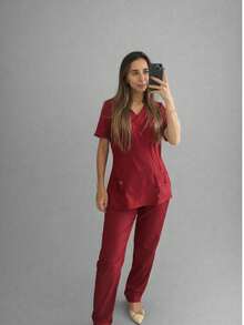 Surgical Hospital Pajamas, Scrubs, Fitted Nursing Uniform - 紅木色 - 查看 1