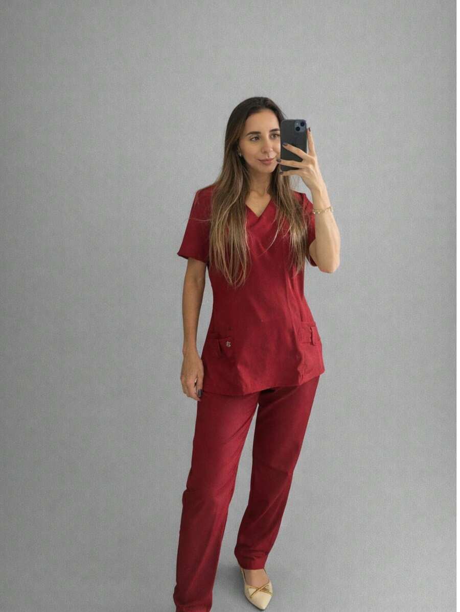 Surgical Hospital Pajamas, Scrubs, Fitted Nursing Uniform - 紅木色 - 查看 1