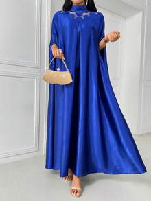 Women's Patchwork Mesh High Collar Abaya Robe - Blue - View 3
