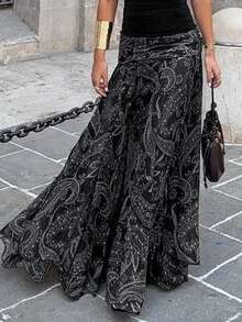 Vintage Cashew Flower Print Mesh Sheer Low Waist Draped Asymmetrical Hem Skirt Black Summer - Black - View 6