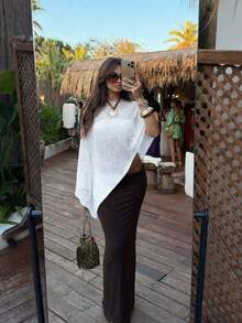 新款春夏女士白色轻薄不对称肩针织罩衫，针织面料，质感面料，度假风，宽松垂坠，显瘦，适合度假穿着，波西米亚风，性感，女士夏季 - 白色 - 查看 5