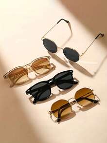 4 Sets Of Vintage Beige Full Frame Nail Art Decorations & Fashion Glasses, Fashionable Lightweight Decorative Glasses, Retro Metal Polygonal Fashion Decorative Glasses, Outdoor Casual Glasses, Gaming & Photography Decorative Glasses - 彩色 - 查看 2