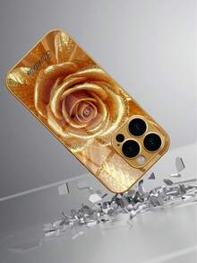 1pc Customized Name & Gold Rose Pattern Electroplated Glass Phone Case Compatible With IPhone 17 Pro Max/16 Pro Max/15/14 Plus/13 Pro/12 Pro Max/11/Xs Max/8/7/6 Plus, S24 Ultra/S25 Ultra - Gold - View 3