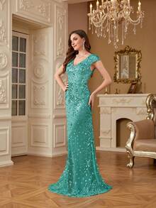 hezixi Đầm dạ hội sang trọng đính sequin lấp lánh, đầm dài dáng đuôi cá, đầm dự tiệc cưới, đầm cocktail cao cấp, đầm nữ, đầm dự tiệc cưới. - Màu xanh Bạc hà - Xem 12