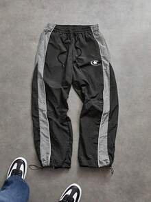Striped Patchwork Contrast Color Sports Pants For Men, Spring Autumn Drawstring Waist Loose Straight Leg Trousers With Star & Letter Print, Suitable For Gym Workout, Running, Outdoor, Casual, Streetwear - Black - View 1