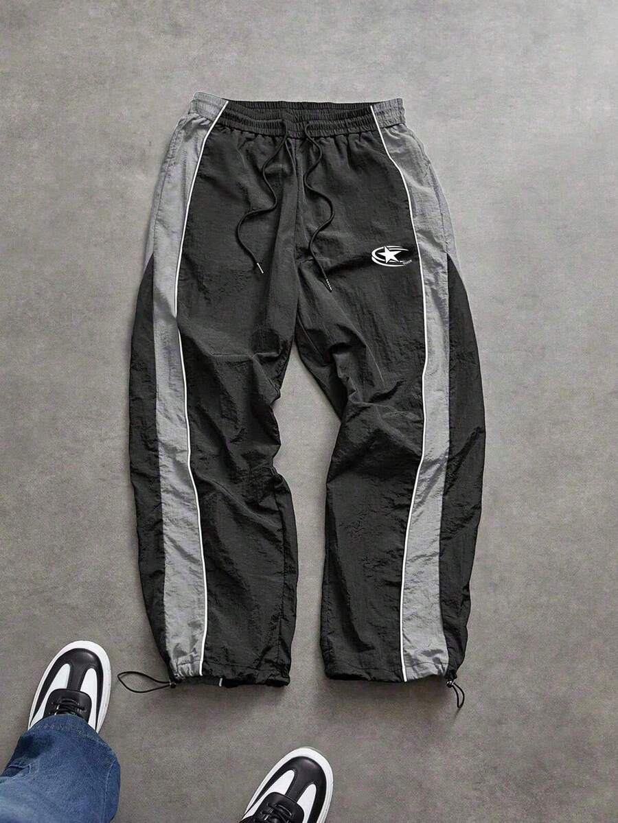Striped Patchwork Contrast Color Sports Pants For Men, Spring Autumn Drawstring Waist Loose Straight Leg Trousers With Star & Letter Print, Suitable For Gym Workout, Running, Outdoor, Casual, Streetwear - Black - View 1
