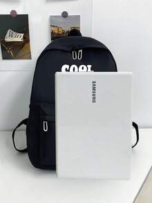 单件装笔记本电脑包，返校季简约休闲学院风黑白字母印花双肩包，带笔记本电脑隔层，大容量16英寸笔记本电脑手提包，可调节肩带，多口袋双肩包，轻便易携，适合毕业生、女生、大学生、户外旅行、初高中/大学学生使用。 - 黑色 - 查看 2