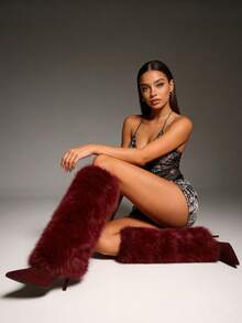 Furry Fluffy Knee High Boots For Women Faux Fur Winter Snow Boots Pointed Toe Stiletto High Heels Sexy Warm Shoes Christmas Party - 酒紅色絨面革 - 查看 3