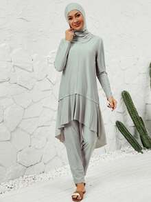 VFJ Women's Casual Crew Neck High-Waisted Burkini Three Pieces Set, Full-Coverage Hooded Swimwear. - Grey - View 2