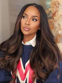 V型分缝无胶Yaki直发升级版假发，带抽绳翻转式发片，魔术V型线，新手友好，留毛极少，易于塑形，黑色到栗棕色渐变Yaki假发，带隐形抽绳，UNice女士假发 - SNATURAL/33 - 查看 7