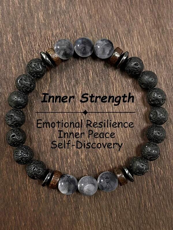 1pc Larvikite Beaded Bracelet - Strength, Grounding, Bohemian Style Natural Stone Black Labradorite Spiritual Jewelry For Women Men, Perfect For Daily Wear, Elegant Accessory