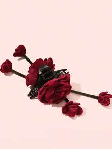 1pc Women Velvet Rose Flower Ribbon Hair Clip, Suitable For Daily Wear And Party Occasions - Red - View 4