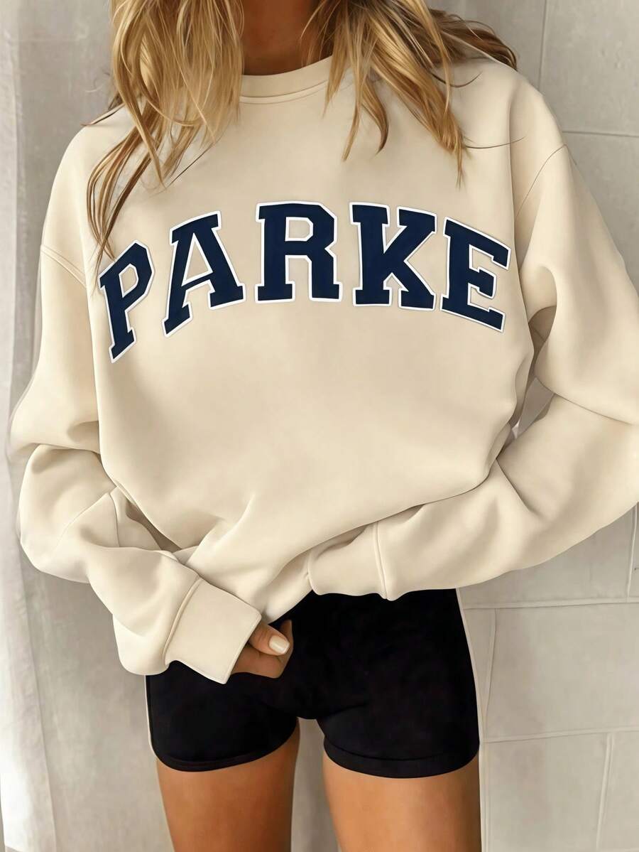 Autumn/Fall And Winter Bestseller 1 Pcs2026 Unisex Casual "PARKE" Letter Print Loose Pullover Sweatshirt, Encountering Lazy Fashion.Casual Daily Wear,Winter Clothes For Women,Clothes,Hoodie,Tops,Spring Break,Long Sleeve Tops Women - Apricot - View 1