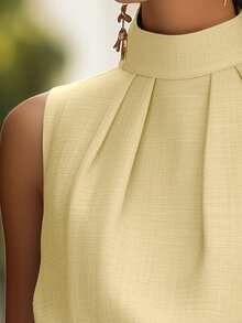Sleeveless High Neck Pleated Top, Commuter Chic Niche Design Fitted Tank Top For Women Summer Casual - Yellow - View 4