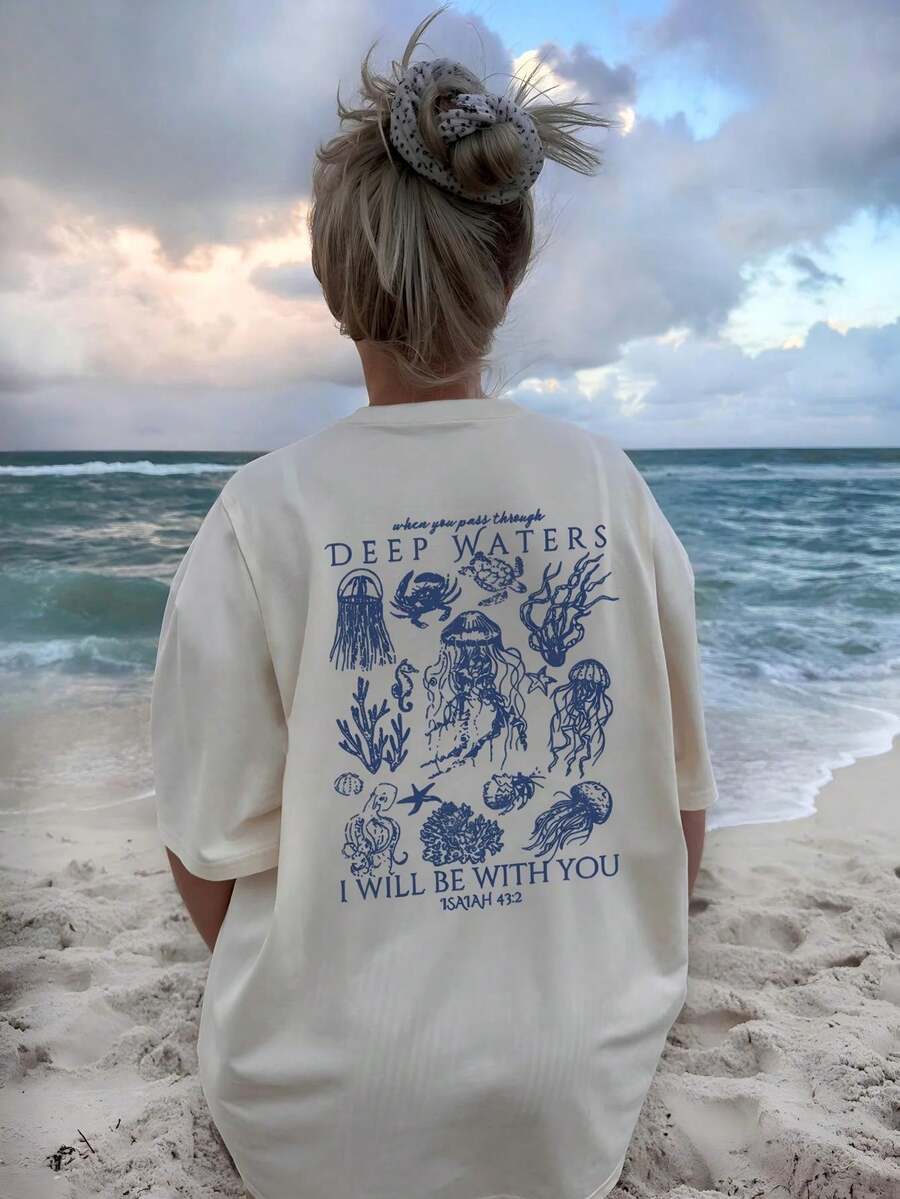 女款夏季休閒寬鬆垂墜上衣 2026 新款，印有深海生物與文字，休閒放鬆，美式復古療癒風短袖T恤，適合海邊出遊、舒適日常穿著與週末小憩
