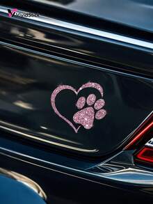 1pc Dog Paw Print Heart Design Faux Diamond Sticker, Shiny Cute Car Motorcycle Cartoon Decal - A - View 2