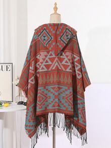 1件几何图案条纹流苏连帽斗篷披肩 - 彩色 - 查看 9