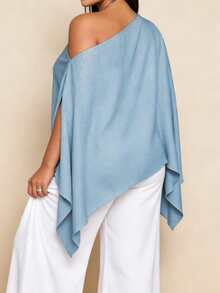 Women's Plus Size Flowy Tops Solid Color Batwing Sleeve Off One Shoulder Loose Fit Blouse Casual Beach - Teal Blue - View 3