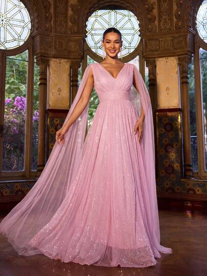 Faeriesty Women's Elegant V-Neck Cape Sleeve Formal Evening Dress, Adorned With Sheer Fabric And Sequins, Suitable For Gala Dinners, Balls, Formal Galas, Wedding Receptions, And New Year's Parties Pink