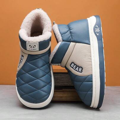 Navy Blue Leather Patchwork Diamond Quilted Thermal-Lined Snow Boots, Furry Warm Anti-Slip Thick Sole Casual Snow Boots, Outdoor Daily Versatile Snow Boots For Autumn/Winter