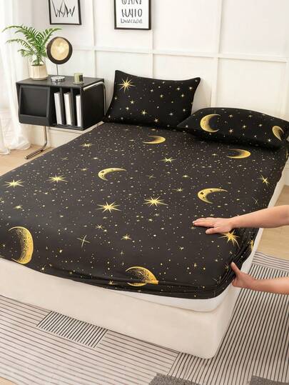 Fluffy Soft 2/3pcs Fitted Sheet Set, Fitted Sheets, Mattress Protector  , Wrinkle-Free, Breathable Bed Cover Set With Deep Pockets, Anti-Pilling, Stretchy, Elastic, Quiet, Non-Slip For All Bed Sizes, Home Dorm Bedroom Decor, Machine Washable, Skin-Friendly, All-Season Bedding Essentials, Durable And Easy To Care, Modern Aesthetic, Star And Moon Print