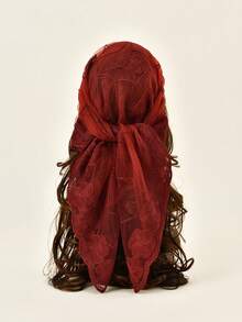 1PC Women Fashion Square Hijab Lace Edge Embroidered Geometric Veil Lightweight Elegant Headscarf For Daily & Abaya Matching - Burgundy - View 1