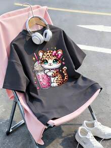 Tween Girl Cute Beverage & Donut Print Round Neck T-Shirt, Summer Top - Dark Grey - View 5